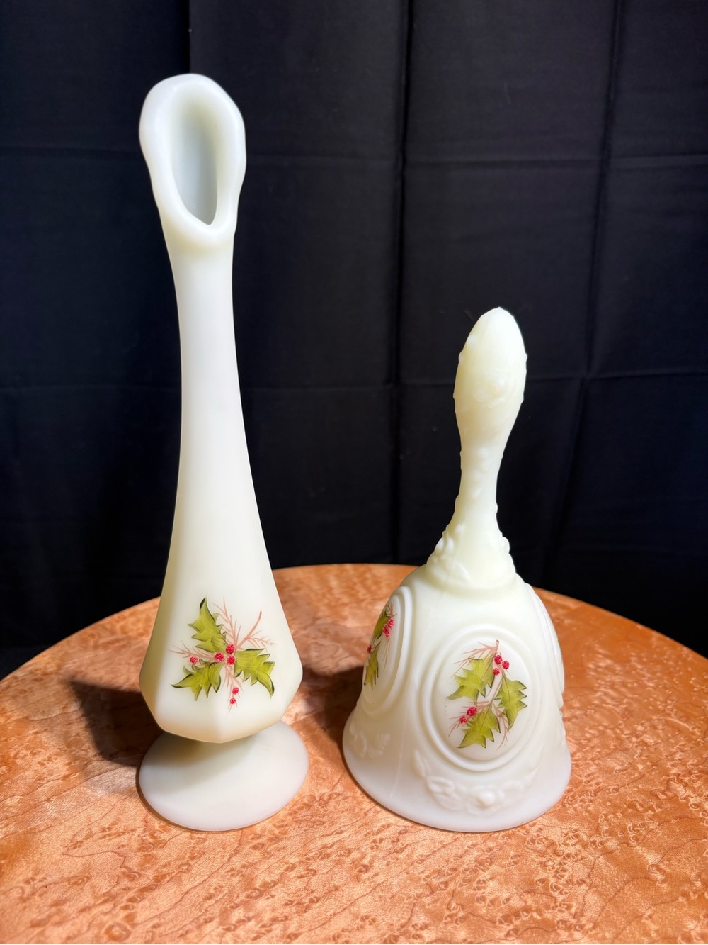 VTG Fenton Uranium Custard Glass Holly Medallion Bell & Vase Set Glows!